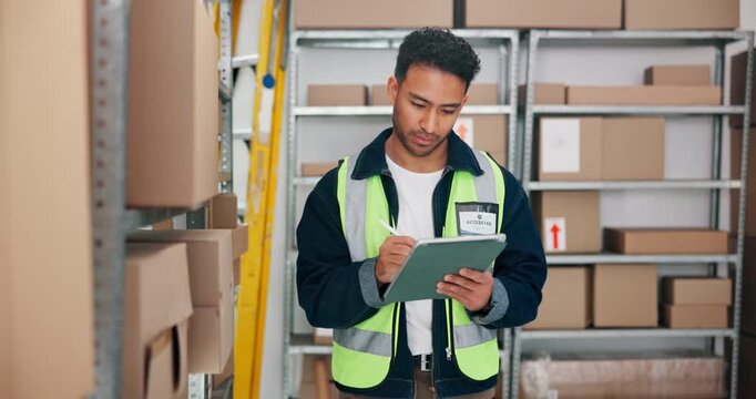 Logistics, inspection and man with tablet in warehouse for online order, shipping or inventory update. Dispatcher, distribution app or checklist for supply chain management, quality control or export