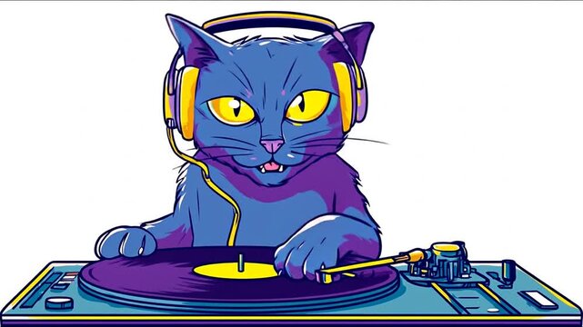 Animated cartoon cat wearing headphones and mixing music on a turntable