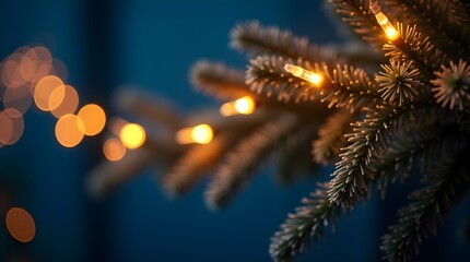 Blurred Background Christmas Lights and Warm Bokeh on a Blue Spruce Branch