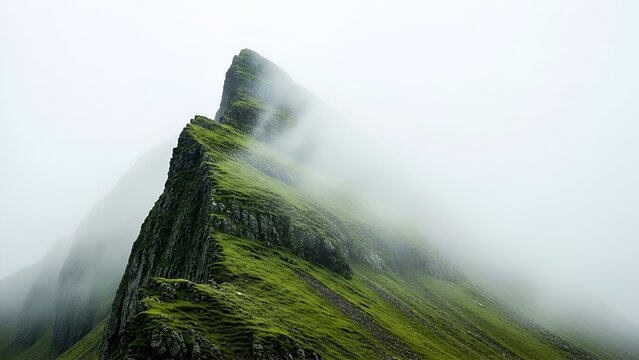 Green Mountain Peak Emerging From Misty Foggy Landscape View