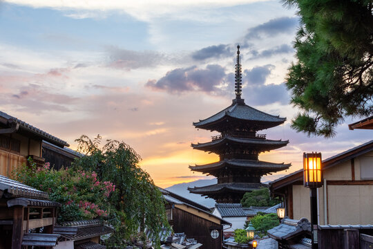 Yasaka Pagoda in the historic streets of Kyoto, Japan, during sunset