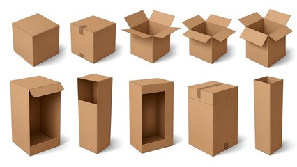 Fototapeta premium Variety of Brown Cardboard Boxes on White Background