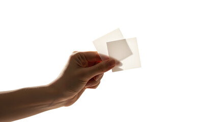 Fototapeta premium Two Square Paper Pieces Presentation Mockup Business Card Hand Holding