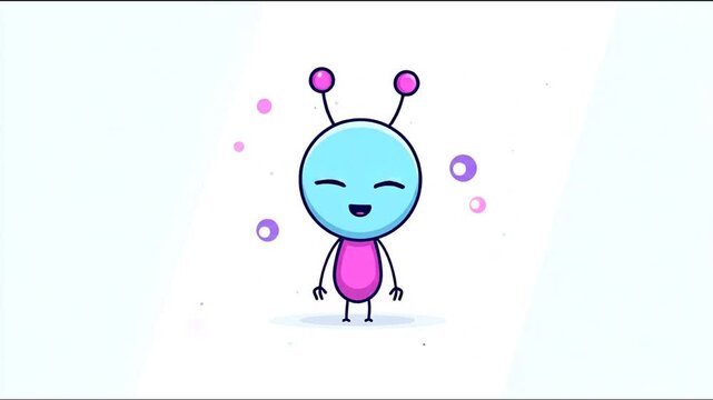 Cartoon alien character smiles stands and performs actions against a white background