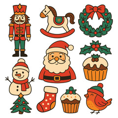 Isolated layered Christmas icons separated with festive elements including Santa, snowman