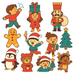 Isolated layered Christmas character set separated with joyful children, nutcracker, gingerbread