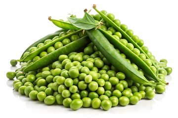 Fresh green peas with pods isolated on white background, close up