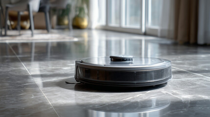 Obraz premium A robot vacuum cleaner on a marble floor in a bright room with large windows and modern furniture