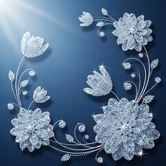 Elegant Crystal Flower Arrangement on Blue Background.