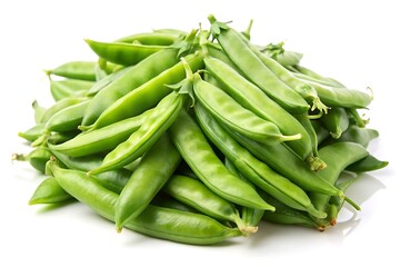 Pile of fresh green sugar snap peas isolated on white background