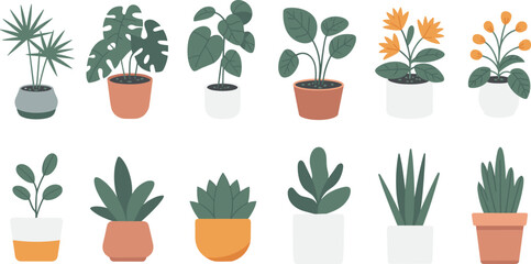 Set of 12 minimalist indoor potted plants, modern flat design, houseplant icons, decorative foliage, green leaf vector illustration © Gustave McClure