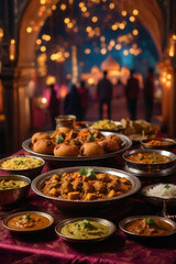 Naklejka premium Diwali traditional Indian food dishes curries, rice, and sweets, decorative background AI Generative