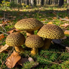 Group of Xerocomellus chrysenteron mushrooms in a forest setting.