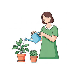 An illustration of a woman in a green dress watering two potted houseplants, a leafy plant and a succulent, with a blue watering can.