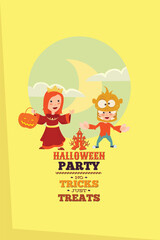 Children in Halloween costumes holding pumpkin and trick or treat sign