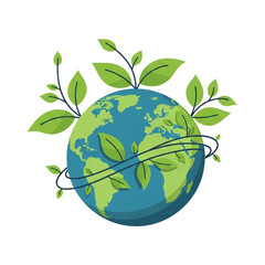 Illustration of the Earth surrounded by green leaves and vines, symbolizing environmental protection and growth.