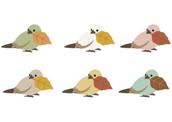 秋色の葉っぱをくわえたかわいい小鳥のベクターイラスト素材セット