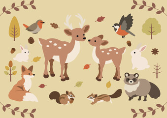 秋の森の動物達のかわいいイラスト素材セット