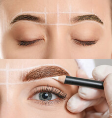 Collage with young woman undergoing eyebrow correction procedure, closeup