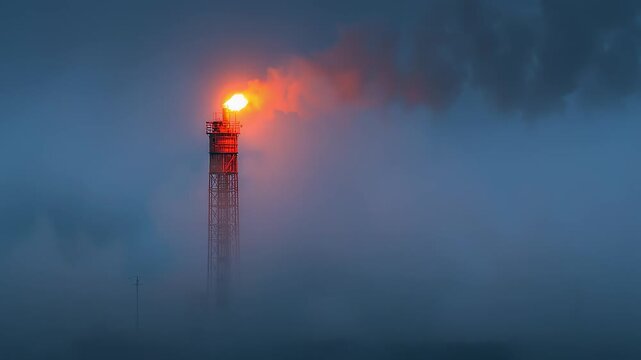 Industrial gas flare burning with smoke at refinery, symbol of energy and emissions