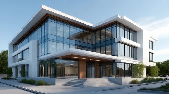 Modern glass office building with geometric design and natural lighting