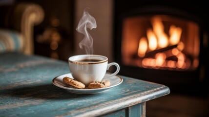 Fototapeta premium Cozy winter evening with coffee and cookies by the fireplace