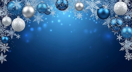 Elegant blue christmas background with silver and blue ornaments and snowflakes border