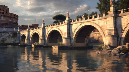 Obraz premium Ultra Realistic Cinematic View of Historical Bridge and River Under Dramatic Sky