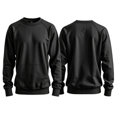 Black crewneck sweatshirt, front and back views. Raglan sleeves