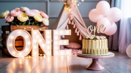 A beautifully decorated cake with floral accents and a "one" topper, surrounded by balloons and flowers, perfect for a first birthday celebration.