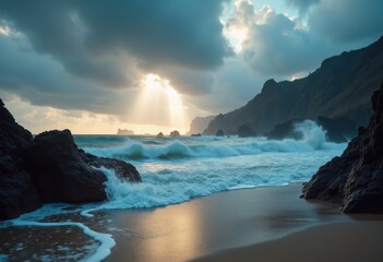 Obraz premium Dramatic Stormy Beach Landscape with Crashing Waves and Intensely Cloudy Skies Evoking Raw Natural Power