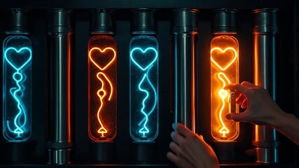 Woman adjusts neon heart plasma lamp, producing electric arc. Futuristic love and relationship concept in scientific setting.