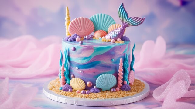 A beautifully decorated cake featuring pastel ocean-themed elements like shells, a mermaid tail, and colorful swirls, perfect for a themed celebration.