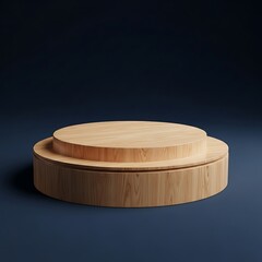 Minimalist Wooden Display Stand on Dark Blue Background for Product Presentation.