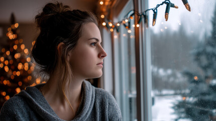 A sad woman staring out window snow falls, with Christmas lights outside but no warmth home. Loneliness during Christmas holidays with copy space, holiday contrast, aging, and emotional storytelling