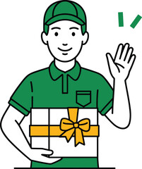 Smiling Delivery Man in Green Uniform and Cap Holding Package, Vector Illustration for Courier Service, Shipping, Fast Delivery, E-commerce Logistics, and Customer Greeting.