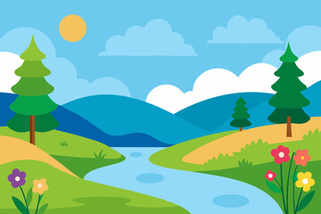 Obraz premium peaceful river scene with wildflowers and trees along shore