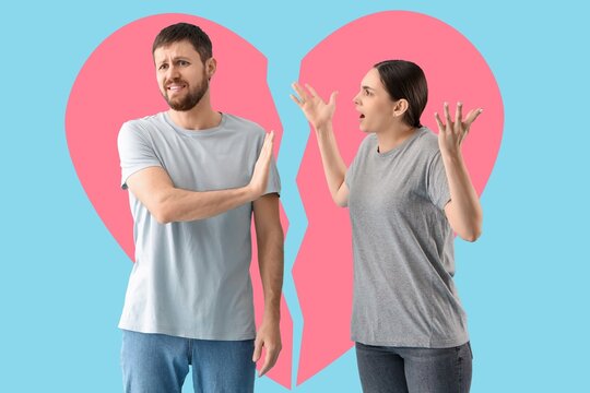 Young quarreling couple and broken heart on blue background. Concept of relationship problems