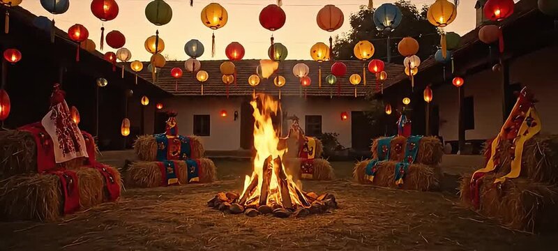 Vibrant lohri festival bonfire at dusk with festive lanterns and traditional hay bale seating celebrating winter harvest