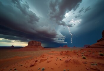 Dramatic Thunderstorm Clouds Over Barren Desert Landscape with Striking Light Contrast and Unique Rock Formations