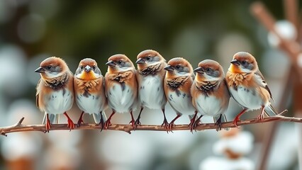 Four Birds Sitting on a Snowy Branch in Winter