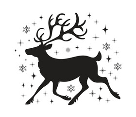 reindeer silhouette with snowflakes and sparkles for christmas and winter holiday design