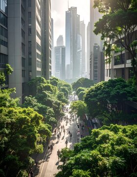 A lush, vibrant cityscape where a tree-lined avenue leads into the distance toward tall, modern buildings on a bright, hazy day