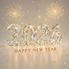 3D Crystal Glass 2026 Typography with Fireworks and Golden Glow – Elegant New Year Celebration Design