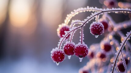 Frost-covered red berries on a branch in winter morning light