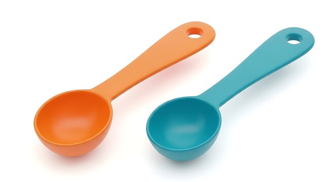 Two colorful orange and teal plastic measuring spoons isolated on a white background.