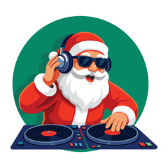 Cool DJ Santa Claus spinning vinyl records at a Christmas party, wearing sunglasses and headphones, colorful flat vector illustration perfect for holiday music, festive posters, and New Year