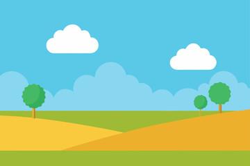 Obraz premium wide open field small trees fluffy clouds