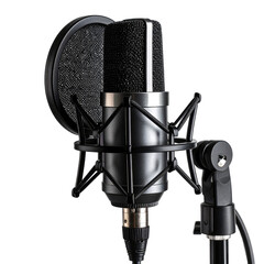 Studio microphone setup. Black, silver, and mesh details. For recording music/voice