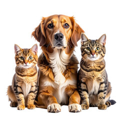 Friendly dog flanked by two tabby cats, looking at the viewer